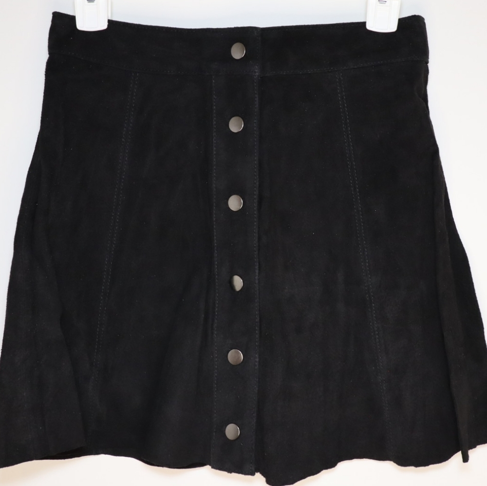 New Button Down Leather A Line Mini Skirt 100% pigskin Black Small